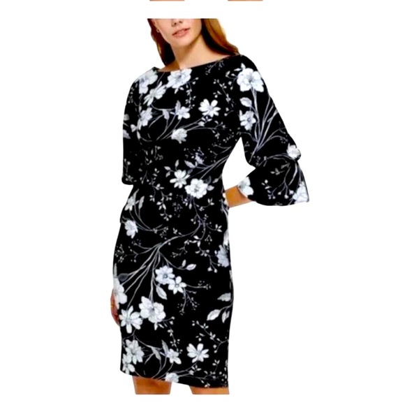 Calvin Klein Floral Dress Bell Cuff Sheath Bateau Neck Black White Flower Sz 4 - Picture 1 of 8